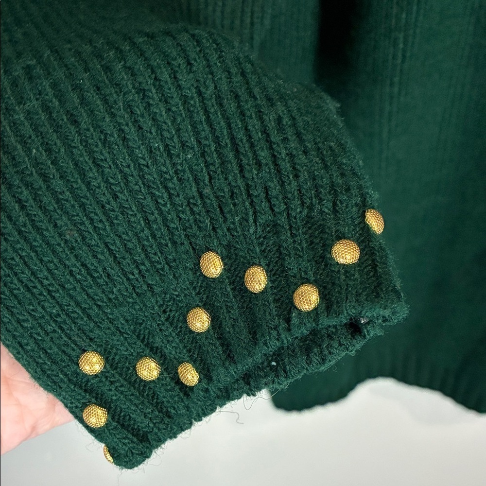 Vintage 90s Green Embellished Sweater XL Gold Studded V-Neck Retro - Picture 9 of 13